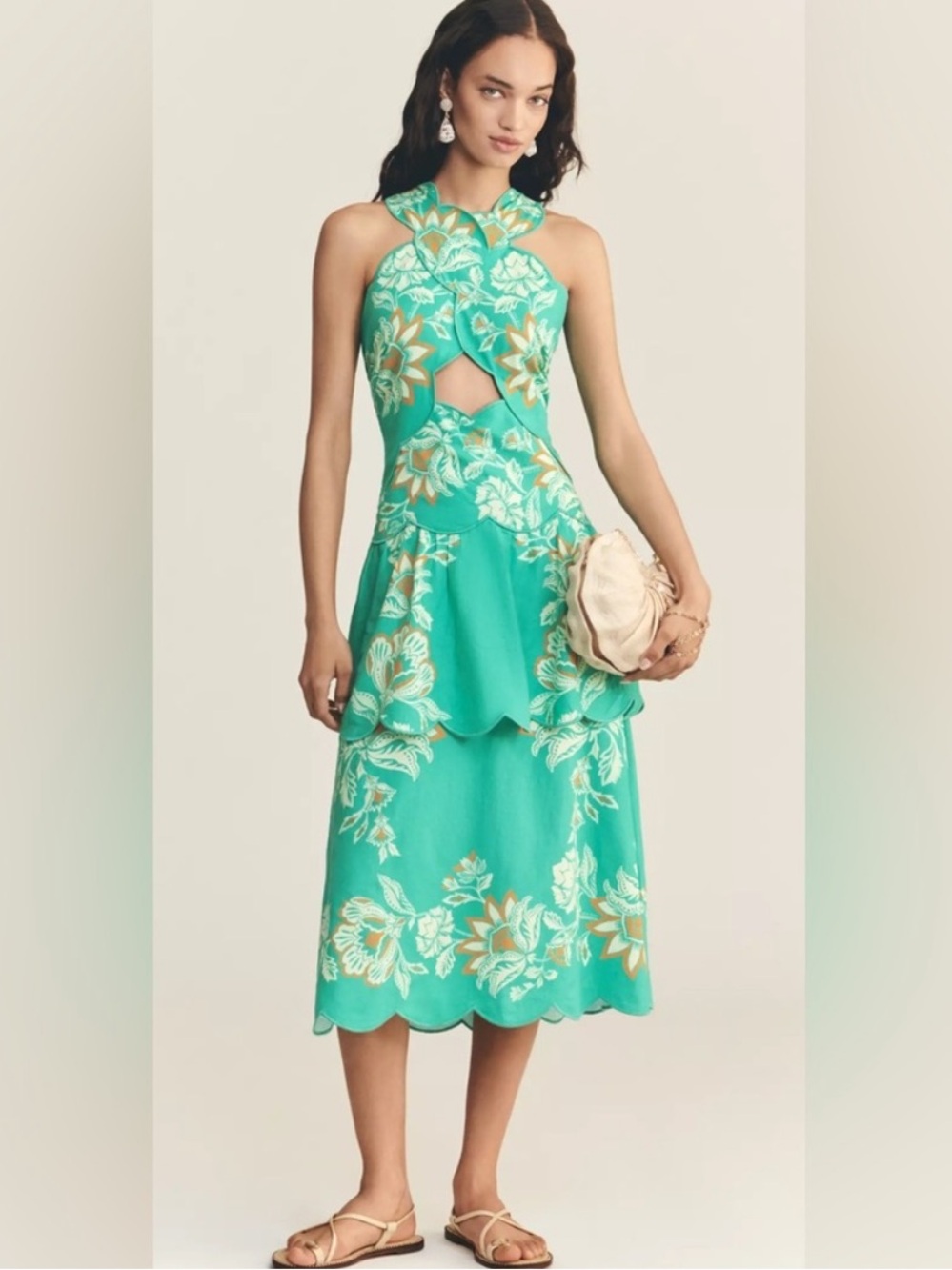 Farm Rio for Anthropologie Green Floral Cutout Midi Dress
